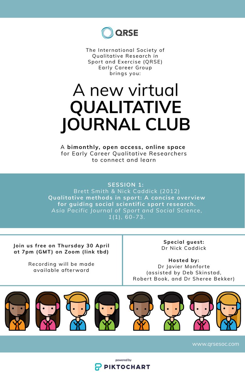 QRSEsoc's tweet photo. Early Career Qualitative Researcher? Our 1st On-Line Journal Club session is on April 30th, 19.00hs (GMT)-All welcome. Joined by @NickCaddick1 &amp; Exec Board Members. Organised by @QRSEsoc ECR team @shereebekker @Monforte92 @DebSkinstad @book_rob 👏Please read the paper b4 session. https://t.co/ngEZrOd5Mn