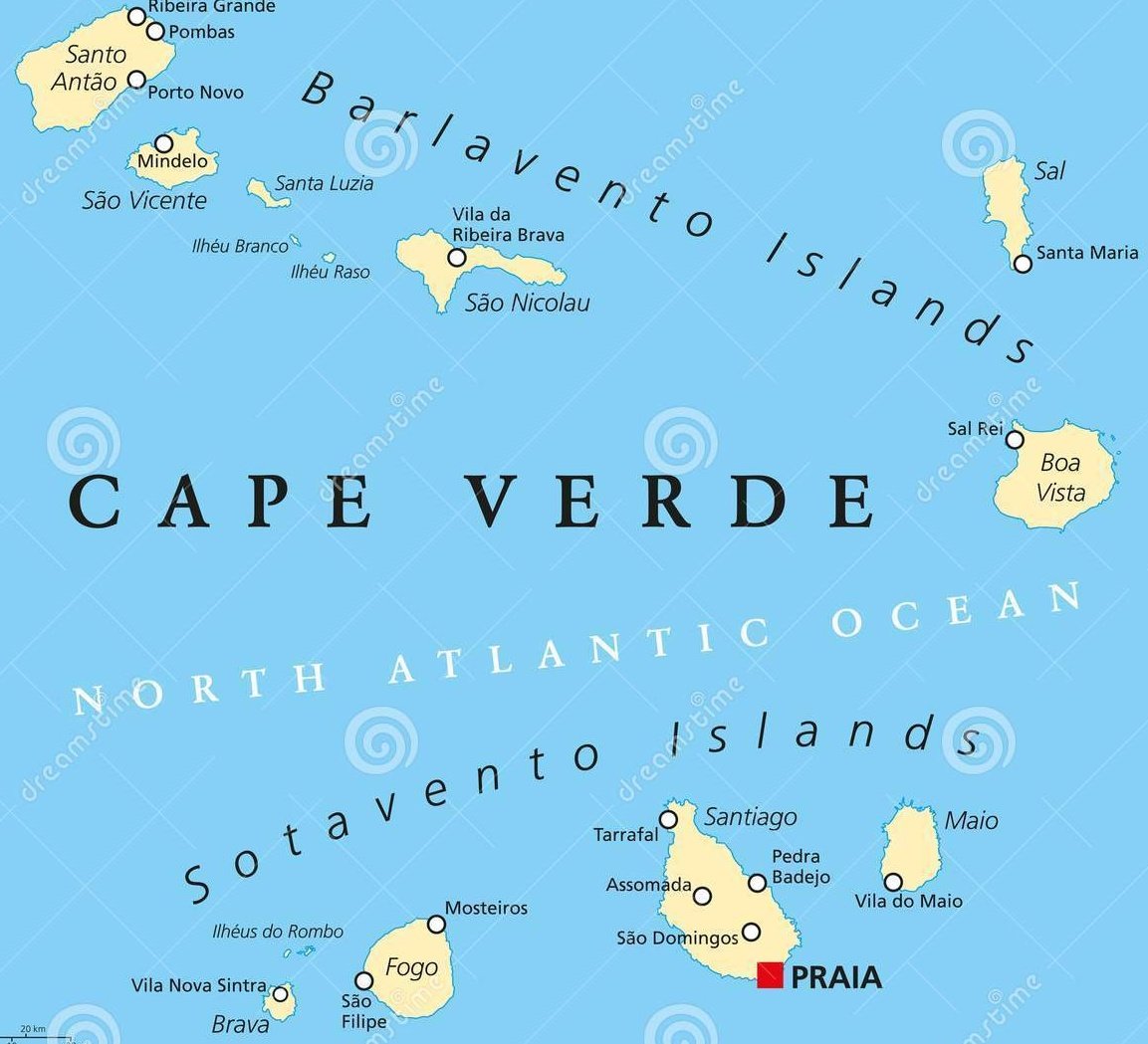 Cape Verde is a nation located on a volcanic archipelago off the northwest coast of Africa the country is known for its Portuguese-African Creole culture its traditional warm music and its many beaches the country's largest island, Santiago, is home to the current capital Praia +