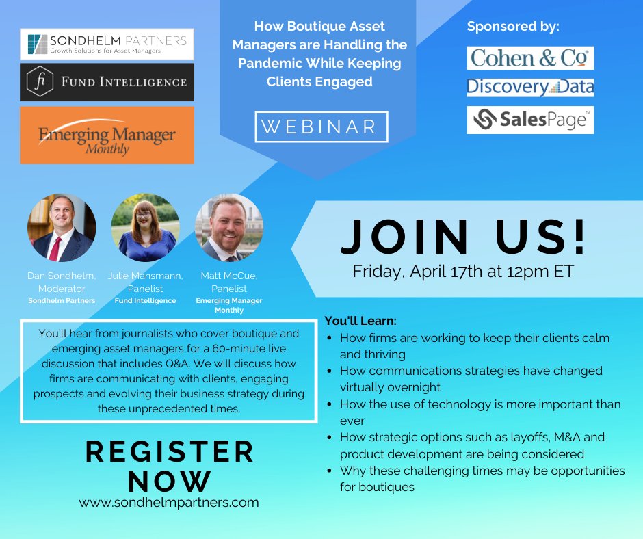 DanSondhelm's tweet photo. If you're interested in learning about business strategy and client engagement tactics for your #AssetManagement firm, please join me this Friday at 12 pm ET for this live webinar with panelists @JulieMansmann and Matt McCue. Please RSVP at this link: https://t.co/lyyKTyYpFU https://t.co/04ZXHaOjvz
