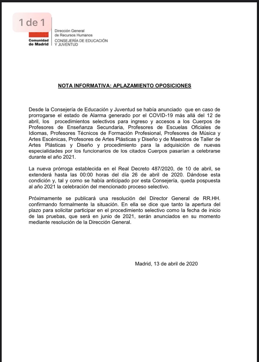 CSIFENSEMADRID's tweet photo. CSIF INFORMA

🟢 NOTA INFORMATIVA DE LA C.M SOBRE EL APLAZAMIENTO DE LAS OPOSICIONES DE SECUNDARIA A 2021 🟢

Únete al canal de telegram CSIF:
https://t.co/mdhdywf4IS

CSIF Educación Madrid. https://t.co/xZRkjj2056