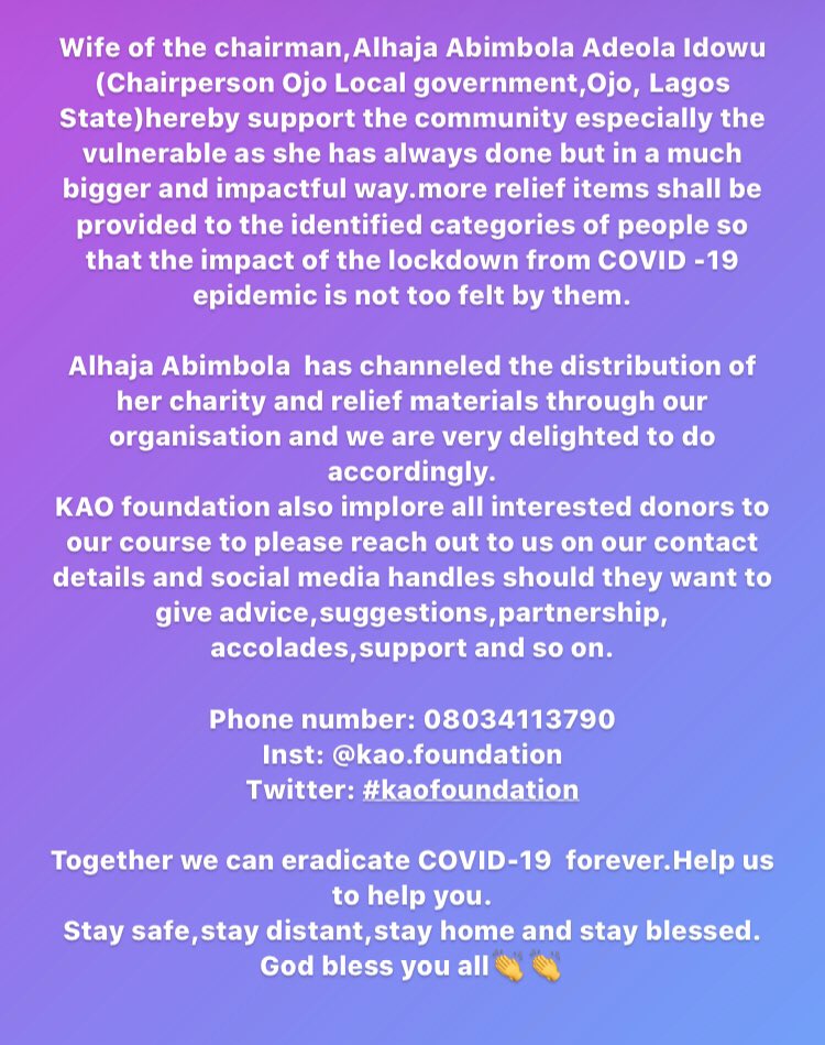 kaofoundation's tweet photo. God bless you ma Alhaja Abimbola Adeola idowu(wife of the chairman Ojo local government)!!!🙌🏽🙌🏽🙌🏽 @AsiwajuTinubu @KokunFoundation @STinubu @jidesanwoolu @followlasg @lagosvolunteers  @apc_lagos  @HLanreOgunyemi https://t.co/qoMFgih56G