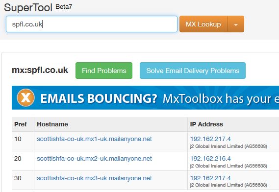 Emails are sent to an organisation based on their "MX Records".These records are publically available.Those relating to the domain  http://SPFL.CO.UK  are shown below.3/