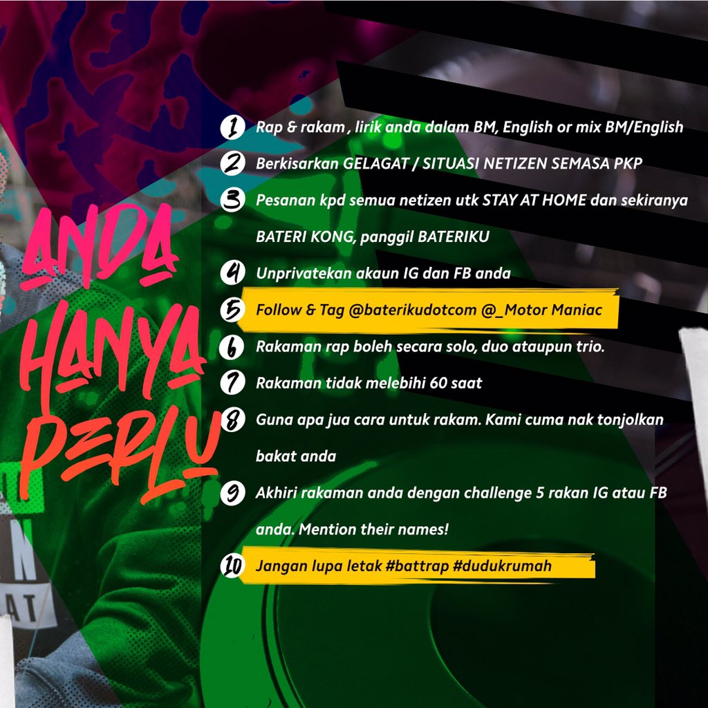 baterikudotcom's tweet photo. #Battrap Challenge dah tiba!!! Kepada anda yang nak tonjolkan bakat menulis dan rapping, jom join #Battrap Challenge by https://t.co/tbAqPYk1uW &amp; Motor Maniac. Hadiah RM 1K menanti dan juga peluang untuk perform live dengan Malaysia's rapper, @FariqFrequensi 
#stayathome #rap https://t.co/Cwpex1Cu8F