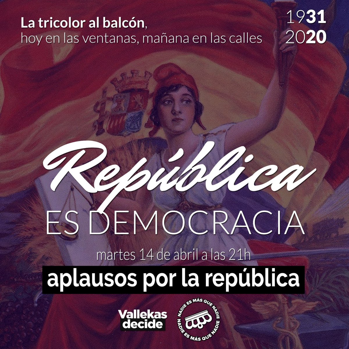 Vallekas23J's tweet photo. Este 14 de Abril saca la tricolor al balcón, bandera o ropa con los colores republicanos.
A las 21h aplauso por la República, por poder decidir nuestro futuro.
Hoy en las ventanas, mañana en las calles, REPÚBLICA es DEMOCRACIA.
#FelizLunes 
#confinamiento 
#14deAbril https://t.co/SKHSoL4MmQ