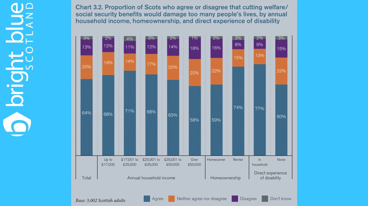  Overall, 64% of Scots agree that further cuts to social security would damage too many people's lives. Shown below are how different groups of Scots responded.