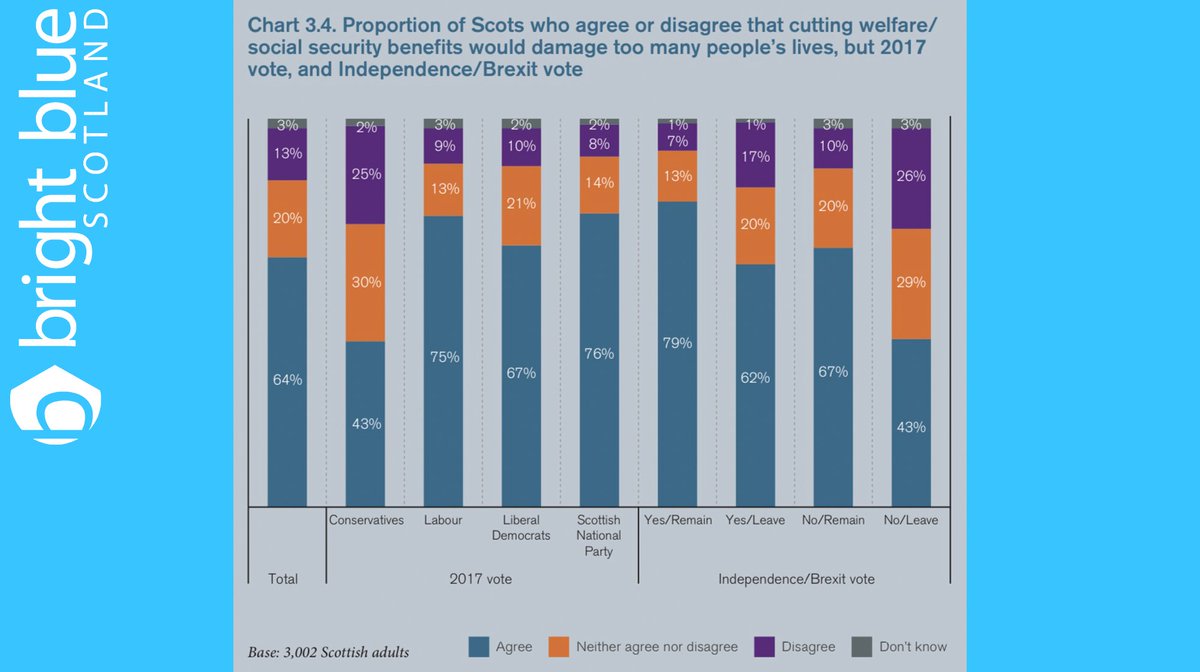  Overall, 64% of Scots agree that further cuts to social security would damage too many people's lives. Shown below are how different groups of Scots responded.