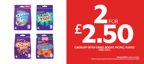 MotorFuelGroup's tweet photo. Any 2 for £2.50 on a great selection of mini bites. Choose from @Oreo or @Cadbury Boost, Picnic or Fudge, available at all of our @LondisRetail and @DiscoverBudgens forecourt stores. Ends 02/08/20. #offers #deals #savemoney https://t.co/F74ZJxjxRs