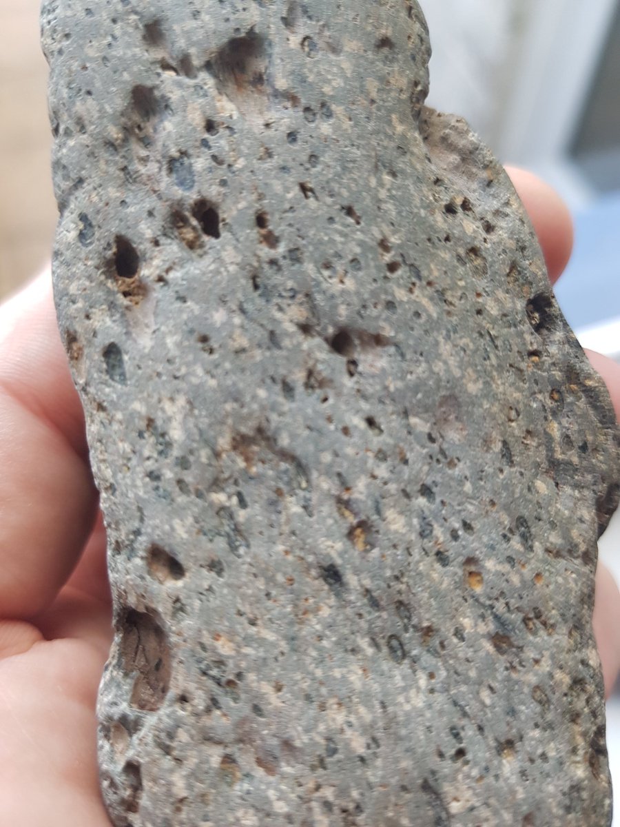 mlcr0d0t's tweet photo. #RocksAtHome can anyone me what this is? All I know is that it looks vesicular so I'm guessing igneous - possibly basalt? What are all the white dots? https://t.co/Gbehrqs0SP