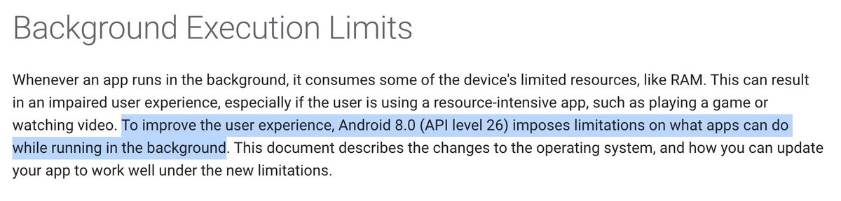 12/ These last years, Apple and Google limited more and more what devs can do in the background."To improve the user experience, Android 8.0 (API level 26) imposes limitations on what apps can do while running in the background" https://developer.android.com/about/versions/oreo/background