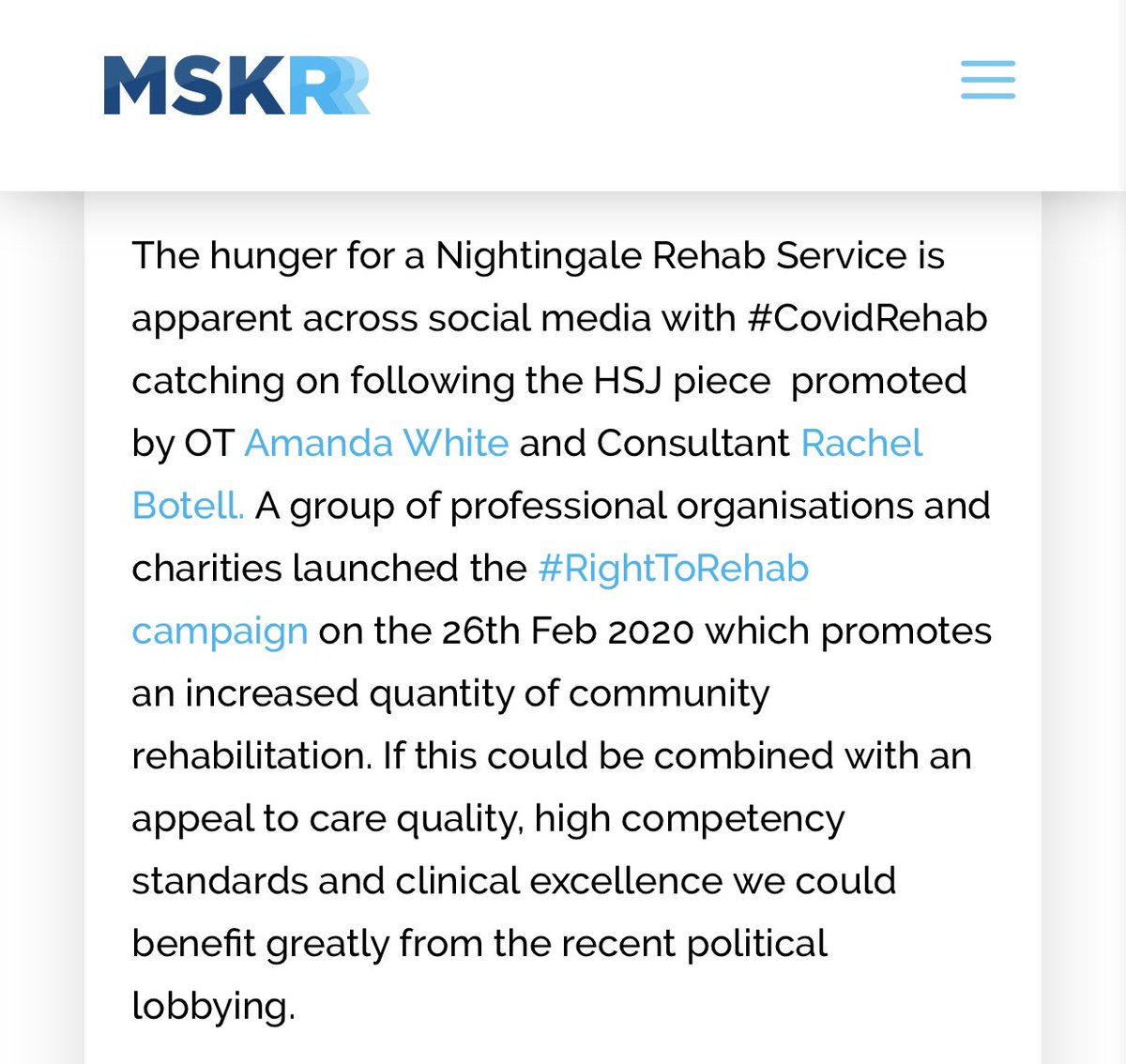 I have loved seeing folk from various clinicians like  @ajciliaOT &  @RachelBotell sharing ideas under  #COVIDrehab. Great hunger for rehab principles to underpin future care. If links could be made to the recent  #RightToRehab lobbying efforts perhaps momentum could build?9/