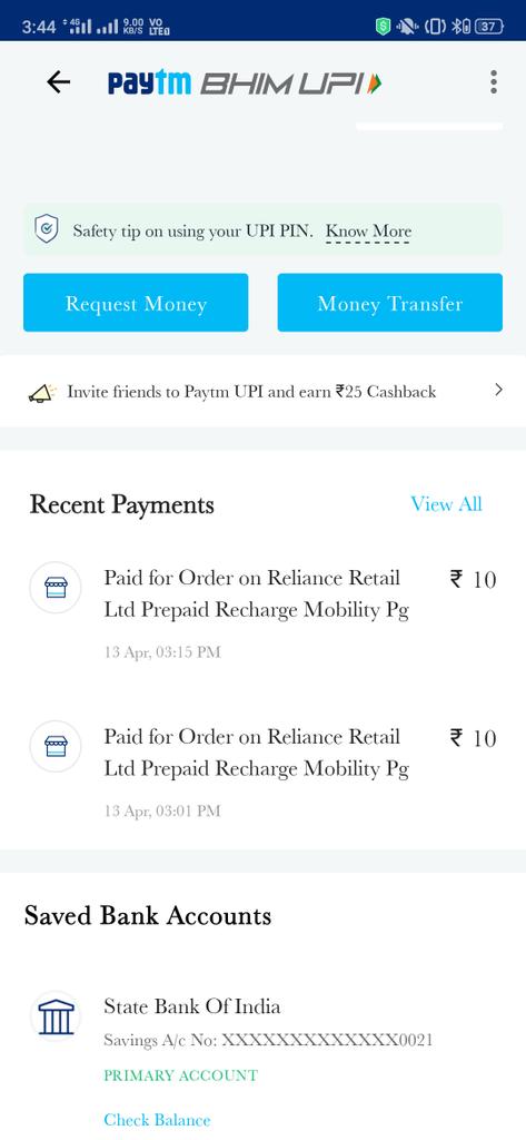 Abhay24thmay's tweet photo. @JioCare @reliancejio I recharged 2 times of Rs 10 (attaching screenshot of one of them) and still dint get the benifits of the recharge. I called the care and operator says the recharge still not done. I paid through @Paytm @UPI (attaching screenshot of it) #jiosucks #wantchange https://t.co/P2jKYVZtqQ