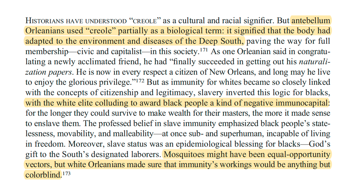 This hierarchy was racialized, shows  @katolivarius. Black people were considered naturally resistant and “seasoned” slaves sold for more—a form of negative immunocapital. Indeed, pro-slavery theorists claimed slavery was humanitarian...to protect whites (16/n) (h/t  @faridahzaman)