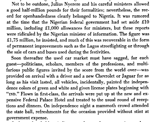 An aside of sorts: Independence Extravagance by newly-liberated African countries.In 1960 Nigeria bought brand new Jaguars and Chevrolets to carry dignitaries and celebrities visiting for the Independence celebrations. Painted green-white, given 'IND' license plates. Balling.