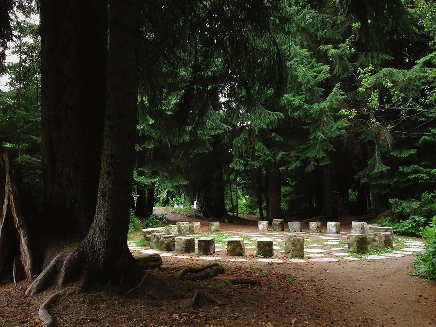 *He knee down by looking this strange place, what is this stone in circle. He take the sword and growl, like if he feel sick this place*