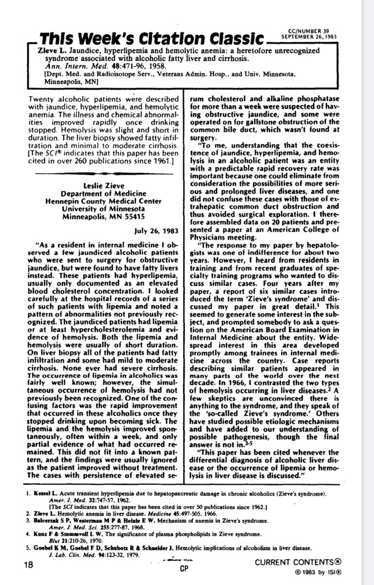 Today for #MedHxMonday
#jaundice #hypercholesterolemia & #HemolyticAnemia in pts that🥃 and resolves when they 🛑aka #ZievesSyndrome 
Reported by Dr.Leslie Zieve ‘58
Then in ‘62, a 20 pt series from CT VA described the same Dx & termed it Zieve’s Syndrome.#GITwitter #LiverTwitter