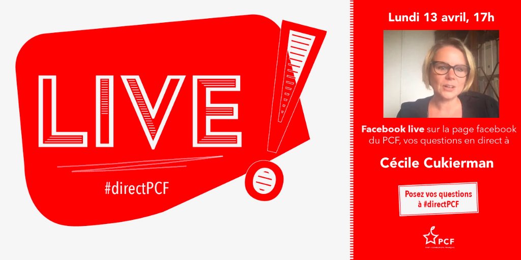 PCF's tweet photo. On se retrouve ce lundi à 17h (attention changement d'horaire) avec @CecileCukierman porte parole du PCF pour le #directPCF 
Posez vos questions en commentaire. À ce soir ! https://t.co/E0bXsS1gBb