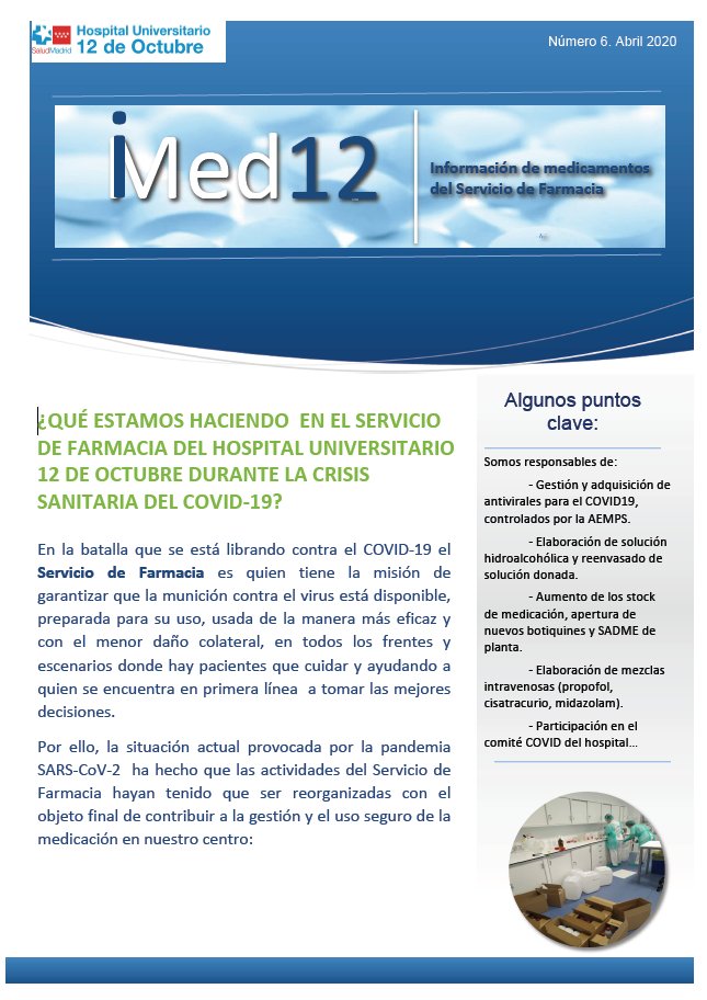 Este mes editamos un nuevo número del boletín iMed12 muy especial, en el que os contamos qué estamos haciendo en la @farmacia_h12o durante la crisis del COVID19. Queremos que sirva también para agradecer a todos los compañeros que nos están ayudando bit.ly/2VpEPdp