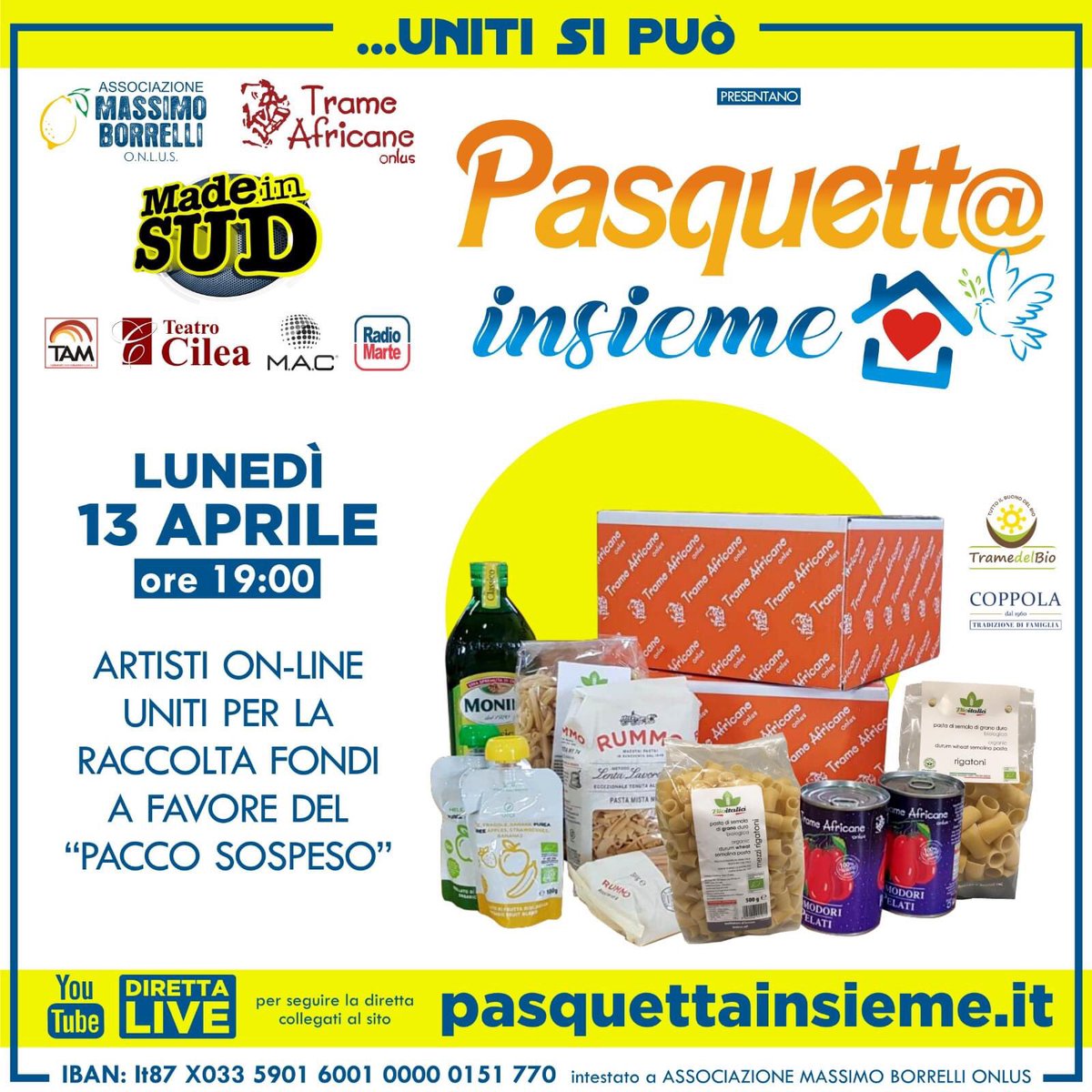 Questa sera dalle ore 19 noi artisti di #MadeinSud insieme a tanti altri saremo uniti x un iniziativa di #solidarietà, il “#paccosospeso” in diretta #streaming su pasquettainsieme.it per passare la #pasquettainsieme. 
#viaspettiamo #iorestoacasa #live