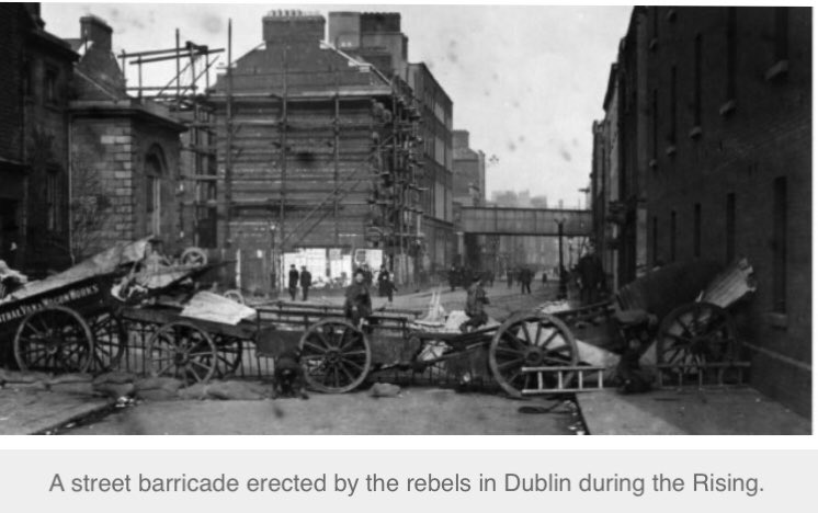 7/to form a barricade.Much to the bewilderment of the occupants the men in green uniforms would signal them to stop.Except in one instance they did so. One drayman refused his cart & persisted in his refusal not believing when our men said it was war.He was shot. # #doingmybit1916