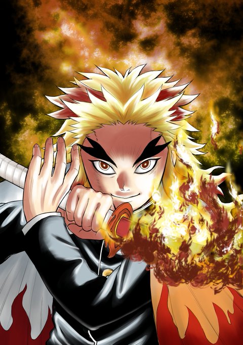 サシダユキヒロ@障害者漫画家さんがTwitterに投稿した煉獄杏寿郎(鬼滅の刃)のイラスト。