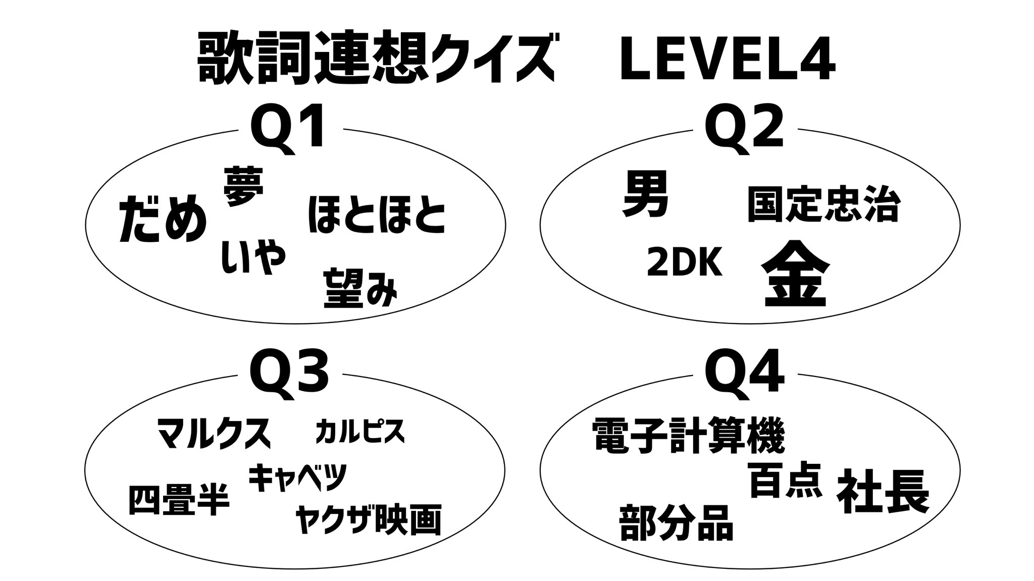 昭和歌謡大好き院生 歌詞連想クイズ作ってみました 4つとも分かった方は 曲名の頭文字を繋げてみてください