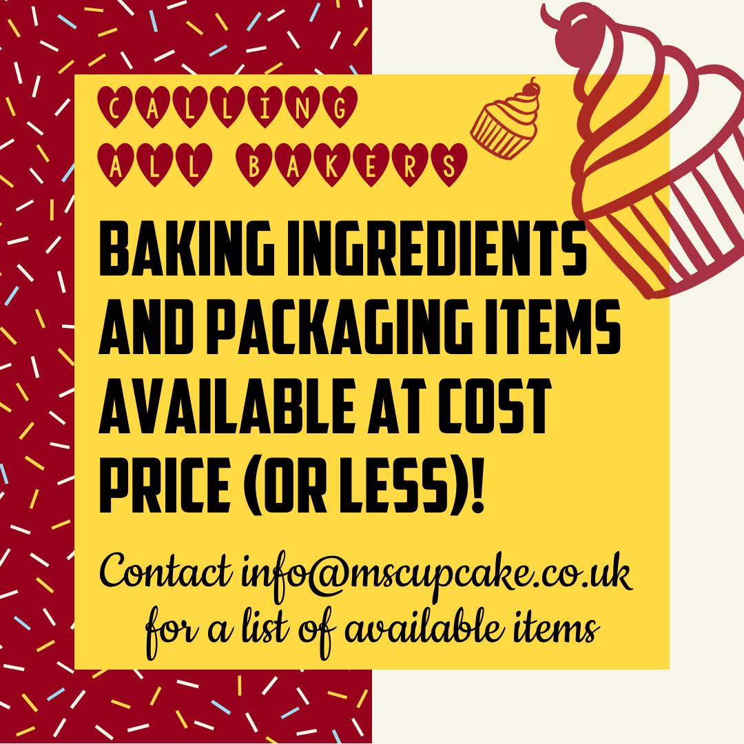 We have some ingredients/packaging available at cost price (or less) for interested bakers out there! Collection required (contact free) from the Morden, London area.  Large equipment also available from our Brixton site. Contact info@mscupcake.co.uk for a list of items.