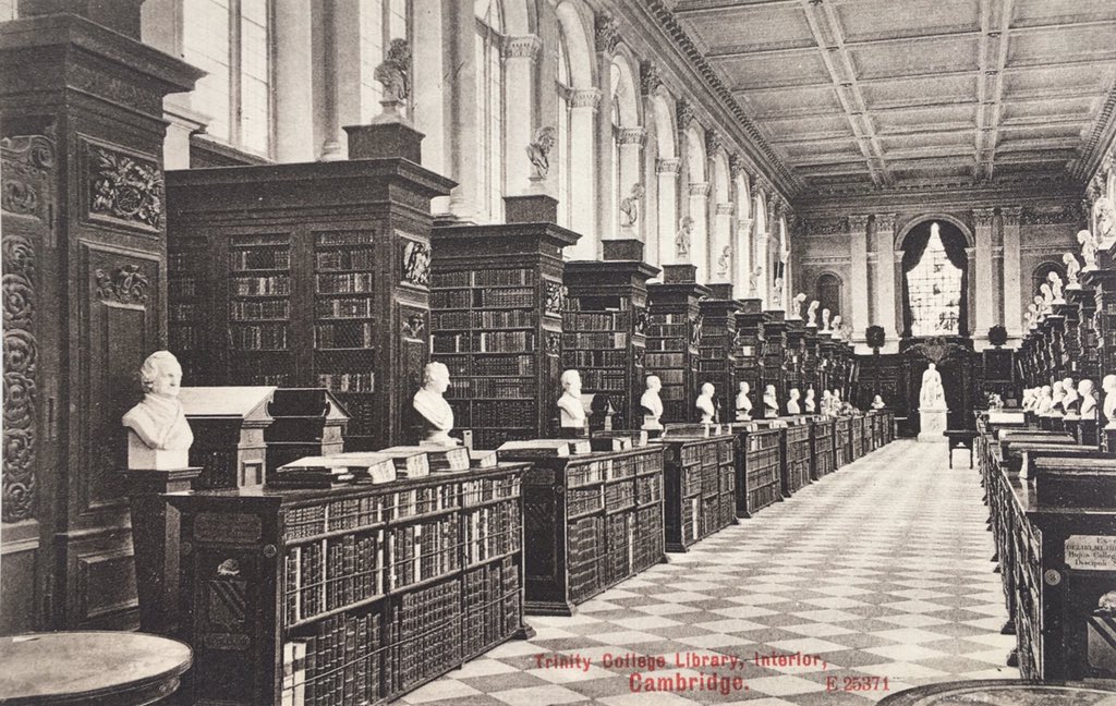 A few years ago I inherited a vast collection of  #postcards of  #libraries. Thought it might be nice to post one every day & enjoy them. Here’s  @TrinCollLibCam c. 1910, with bookcases containing William Grylls’ 1863 bequest down the centre, probably removed in the ‘60s refurb.