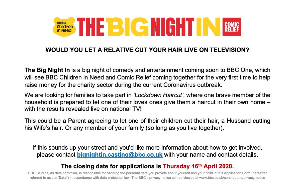 Willing to let your loved ones give you  hair cut live on TV during #TheBigNightIn? ✂️💈

Details to Apply below 🙂