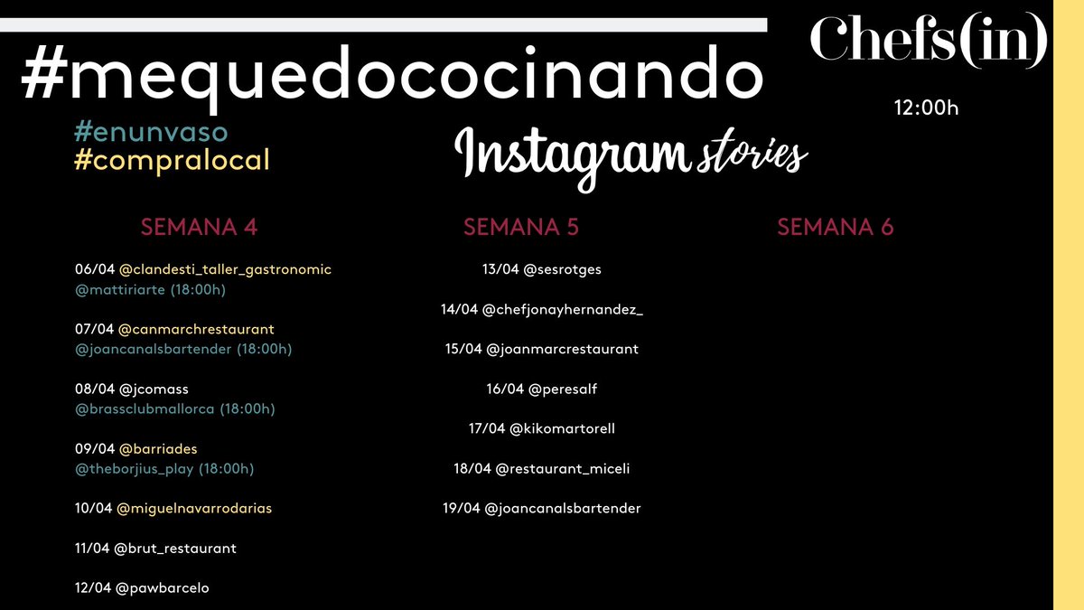 Recordad que #mequedococinando #enunvaso #compralocal se va actualizando cada día. Esto es lo que tenemos planificado para esta semana por ahora. /cc <a href="/rest_sesrotges/">William Tétard</a> <a href="/HernandezJonay/">Jonay Hernandez</a> <a href="/joanmarcrest/">JOAN MARC RESTAURANT</a> <a href="/MartorellKiko/">Kiko Martorell</a> <a href="/MiceliRest/">Miceli</a> <a href="/joan_canals/">Joan Canals Soldado</a> <a href="/MiquelCalent/">Miquel Calent</a>