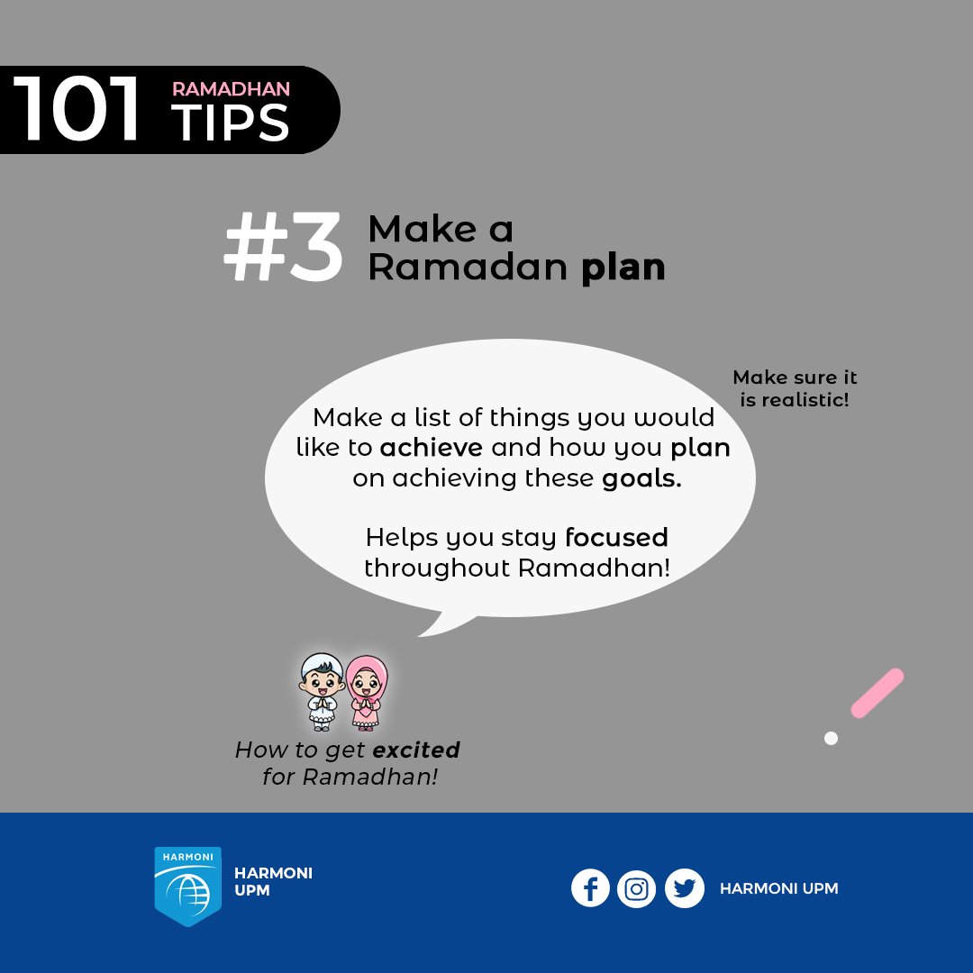 harmoniupm's tweet photo. [101 RAMADHAN TIPS: How to get excited for Ramadhan]

11 days left before Ramadhan Al-Mubarak, aren’t you excited?

Here are some tips to increase your excitement to face Ramadhan!

#HarmoniUPM
#MencorakUniversitiBaharu
#MenujuKampusHarmoni
#RamadhanTips
#AkuDanRamadan https://t.co/BtwqHDtbnt
