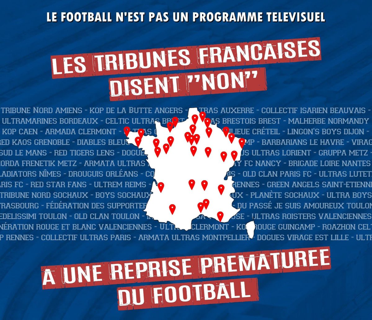 Communiqué commun à 45 groupes et entités de supporters. Le football n’est pas un programme TV, il ne se joue pas coûte-que-coûte, à huis-clos, pour les droits TV. Stop à votre football business indécent.
À relayer !