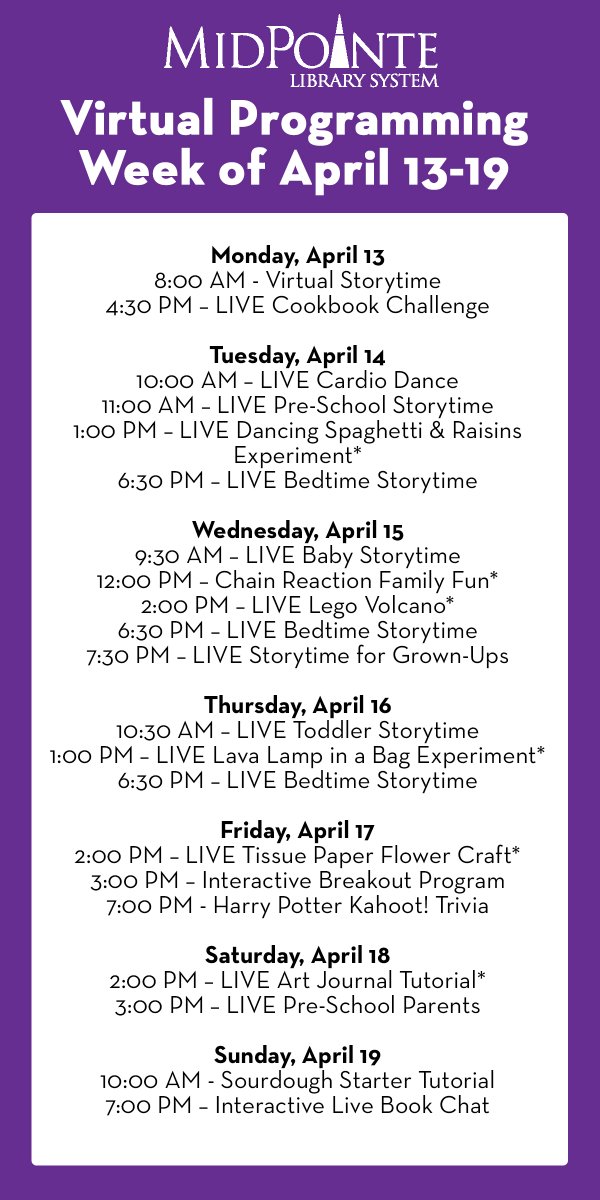 MidPointe's tweet photo. We have a great schedule of virtual programs for you this week! Find program descriptions and supply lists(*) here: https://t.co/UCi0DEZ5SG https://t.co/7XVCMhMQke