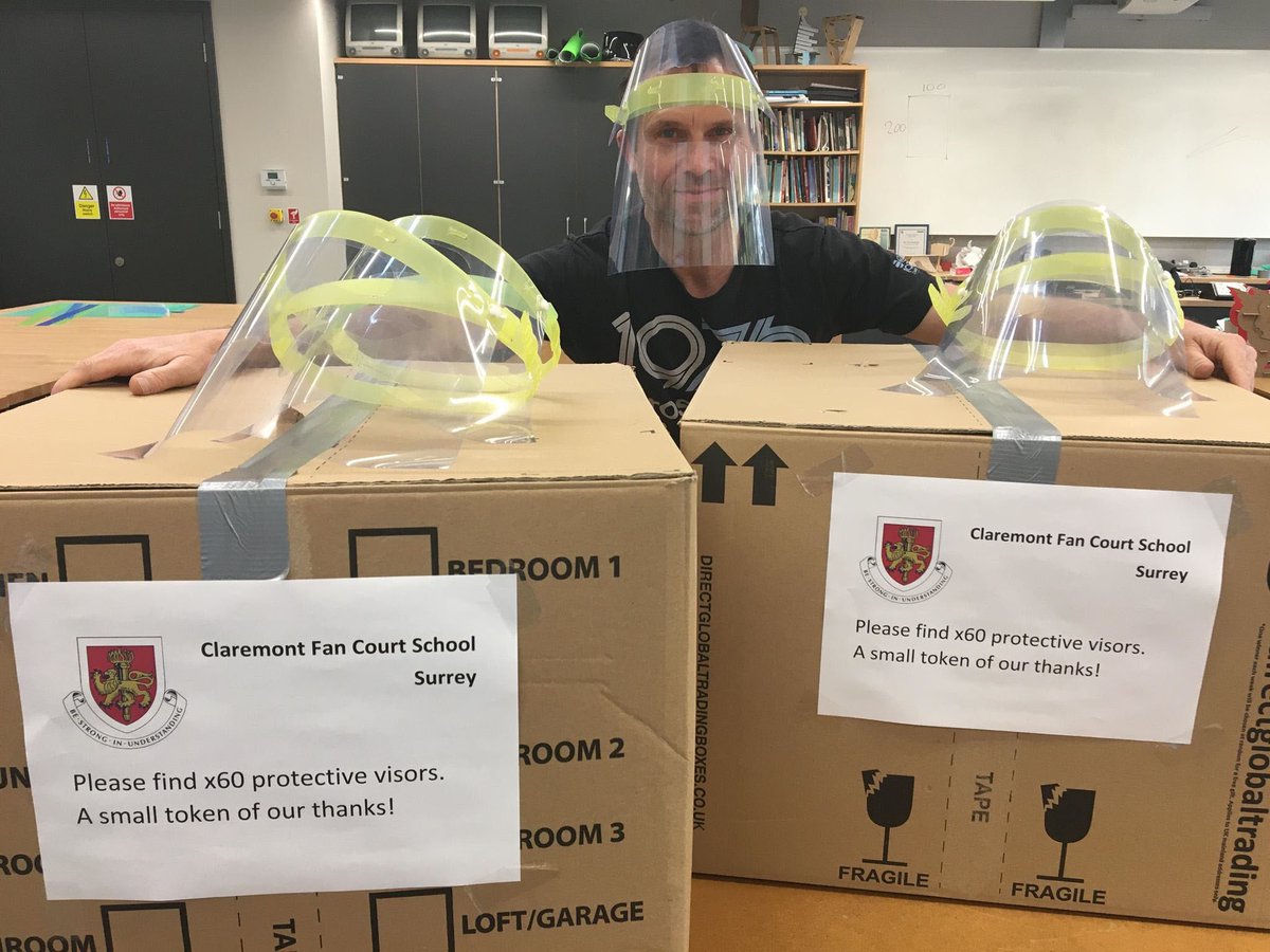 CFCSchool's tweet photo. Our head of technology, Mr Gladstone, has been busy making 130 protective face shields which are now ready to be distributed to NHS staff on the front line at St Thomas’s hospital in London #ThankYouNHS #PPEforNHS https://t.co/NL12xfLSxA