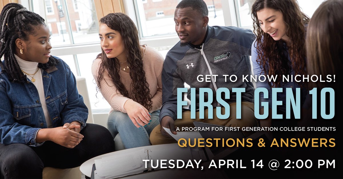Nichols_College's tweet photo. Being a first-generation college student can be challenging. Join us for a virtual Q &amp; A this Tuesday at 2 p.m. so we can help you rise to the challenge and help you succeed. To register and to find other great virtual sessions, visit https://t.co/zdJefxnU3i. https://t.co/KT4gtGQk00