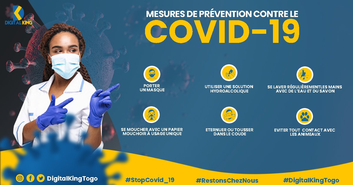 DigitalKingTogo's tweet photo. Digital King entre en guerre  et vous exorte à prendre tout d'abord au sérieux cette pandémie et ensuite à appliquer du mieux que vous pouvez les mesures de prévention contre le #Covid19.
Bonne semaine et prenons soin de nous. 
#StopCovid19 #RestonsChezNous #DigitalKingTogo https://t.co/G8KB6OiazD