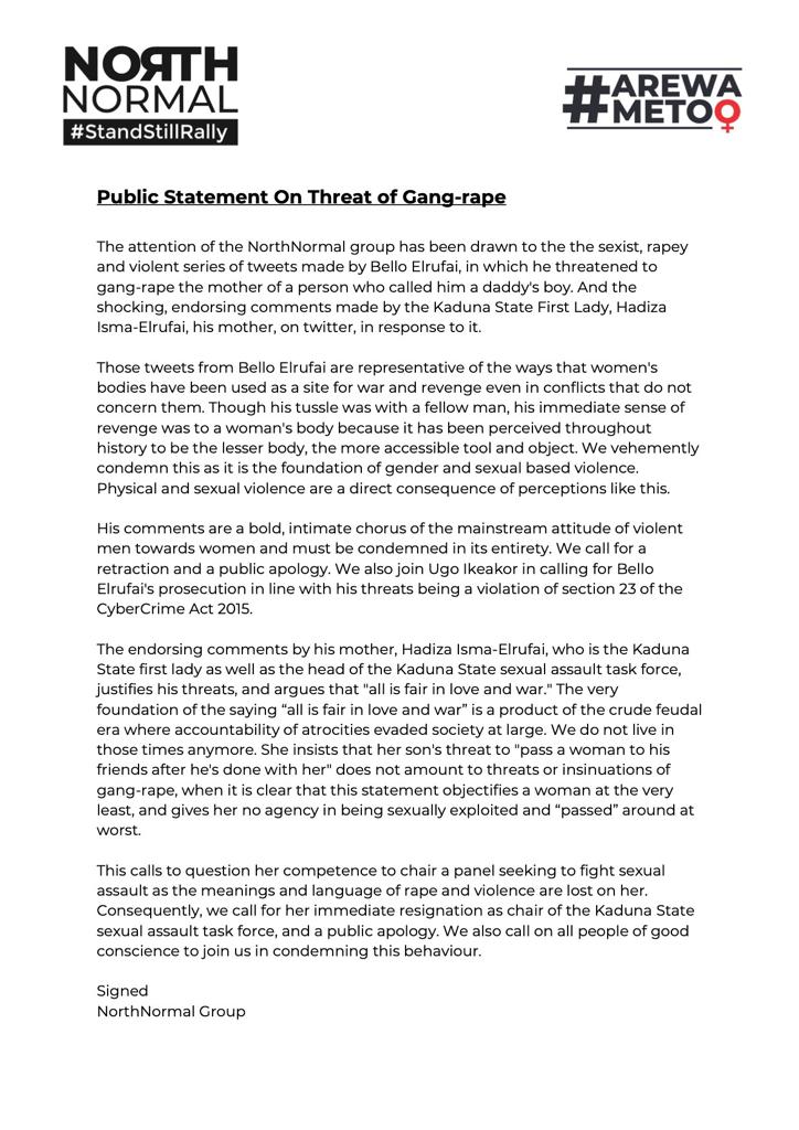 NORTH NORMAL PUBLIC STATEMENT ON GANG RAPE THREATS https://t.co/SWmNUeH9iK