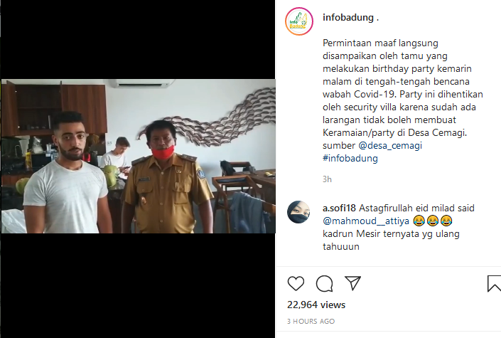 Today, social media is awash with apologies over that party in Cemagi, including this one posted on Instagram by  @infobadung "An immediate apology was conveyed by a guest who had a birthday party last night in the midst of the Covid-19 plague," it reads.  https://www.instagram.com/p/B-6X8oB...