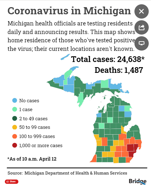 With the caveat that I truly appreciate Bridge, their coverage of COVID-19, and their coverage about state policy issues more broadly, this map I've been seeing everywhere is pretty misleading. Let me explain...  @BridgeMichigan  #mileg  #maps  #COVID19 1/10
