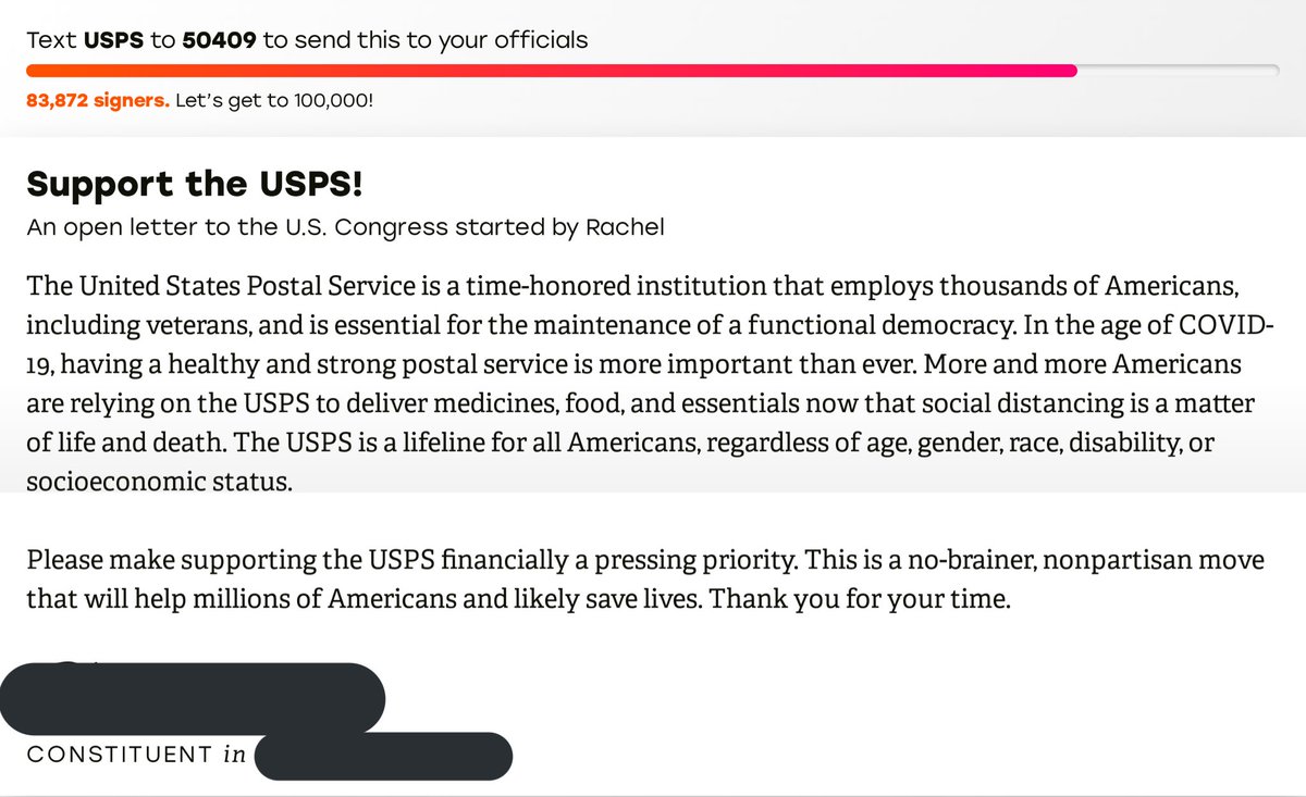  PLEASE SIGN THE PETITION TO  #SaveUSPS Certain politicians want to privatize USPS which will be disastrous since private businesses prioritize PROFITS over the PEOPLE. Don’t be indifferent. Signing the petition takes less than 5 minutes.Text USPS to 50409!