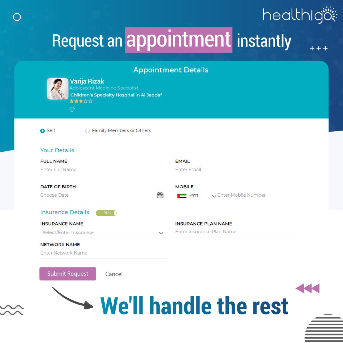 healthigo's tweet image. Just a few clicks and our Customer Success team will handle the rest of the process on your behalf for FREE! 

For more information, please visit healthigo.com or write to us at marhaba@healthigo.me

#Healthigo #Doctor #patient #DoctorAppointment #PatientReach