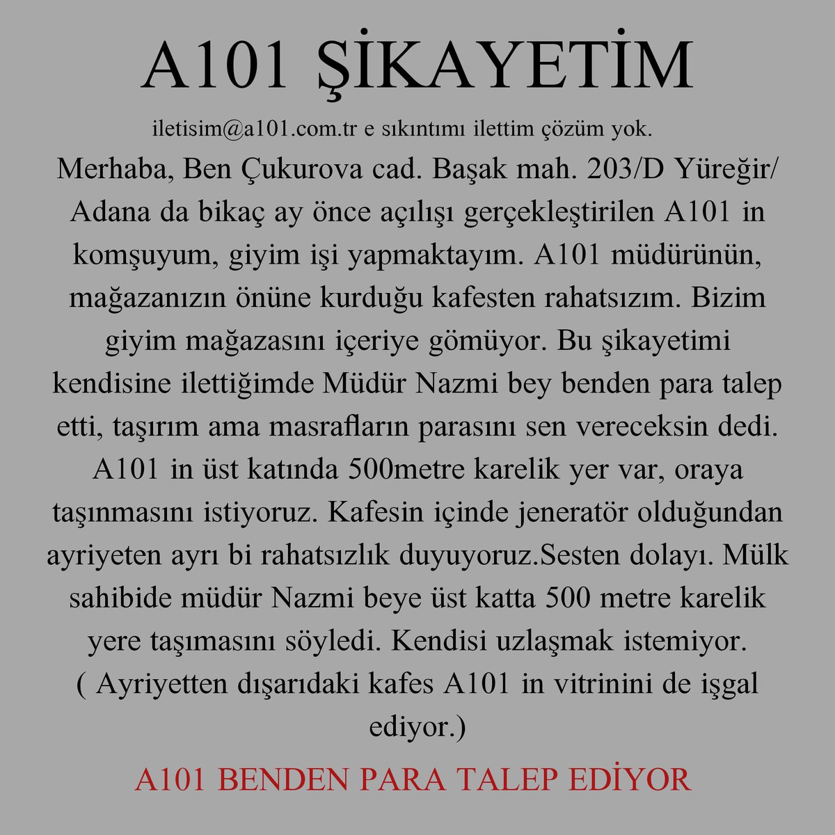 fikraanlat's tweet photo. @A101iletisim ÇÖZÜM OLARAK KOCA ŞİRKET PARA MI İSTİYOR #A101 #a101 #a101iletisim #a101iletişim  Kaldırın şu KOCA KAFESİ ,şikayetimi görsele yazdım. #a101şikayet https://t.co/CmiwcAxlTg