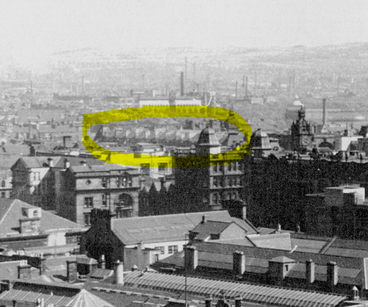 5. Rising a little bit east of the Tolbooth Steeple, there’s a long row of tenement rooftops, crowned by a ornamental cupola on the corner nearest Glasgow Cross. Today, this isn’t much more than the car park at Molendinar Street (named after...