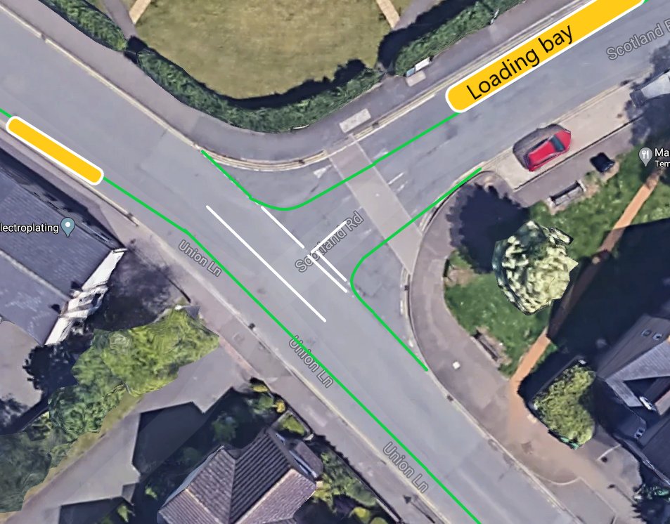 pondering, moving the kerblines at Scotland Road/Union Lane, reducing the carriageways from the high speed 7m+ to a proper backstreet 5m.thoughts  @FinKnopsMckim  @walking_boston ?