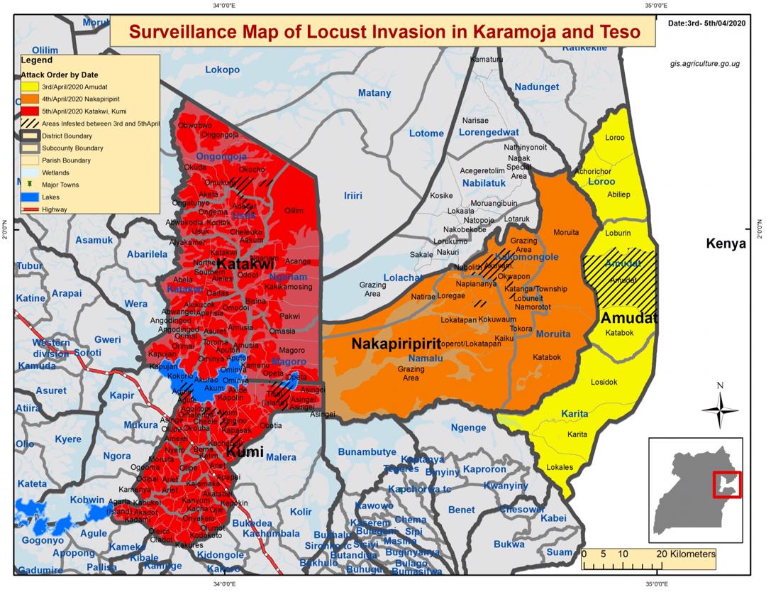 MAAIF_Uganda's tweet photo. This surveillance map provided by Geo-Information System Specialists from the Ministry of Agriculture, Animal Industry and Fisheries shows how the swarms, which are being controlled, had spread across districts in Uganda.
#UGLocustControl
#LocustFreeUG https://t.co/5DgbjQ9MRJ