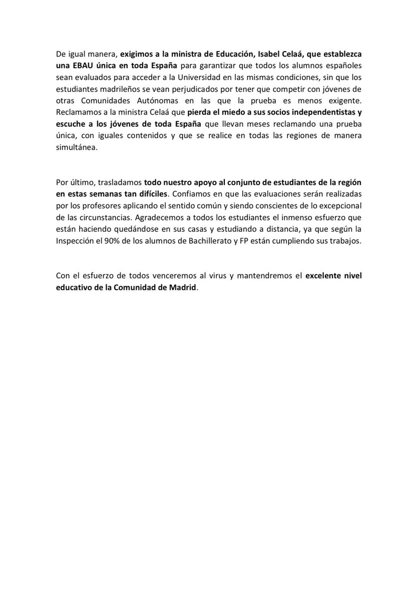 Defendemos:
✅ El esfuerzo y meritocracia de cada alumno.
✅ Todas las facilidades para que el curso se siga desarrollando.
✅ Apoyo al programa de clases online y planes de refuerzo.
✅ Implementación de una EBAU única para todos.
