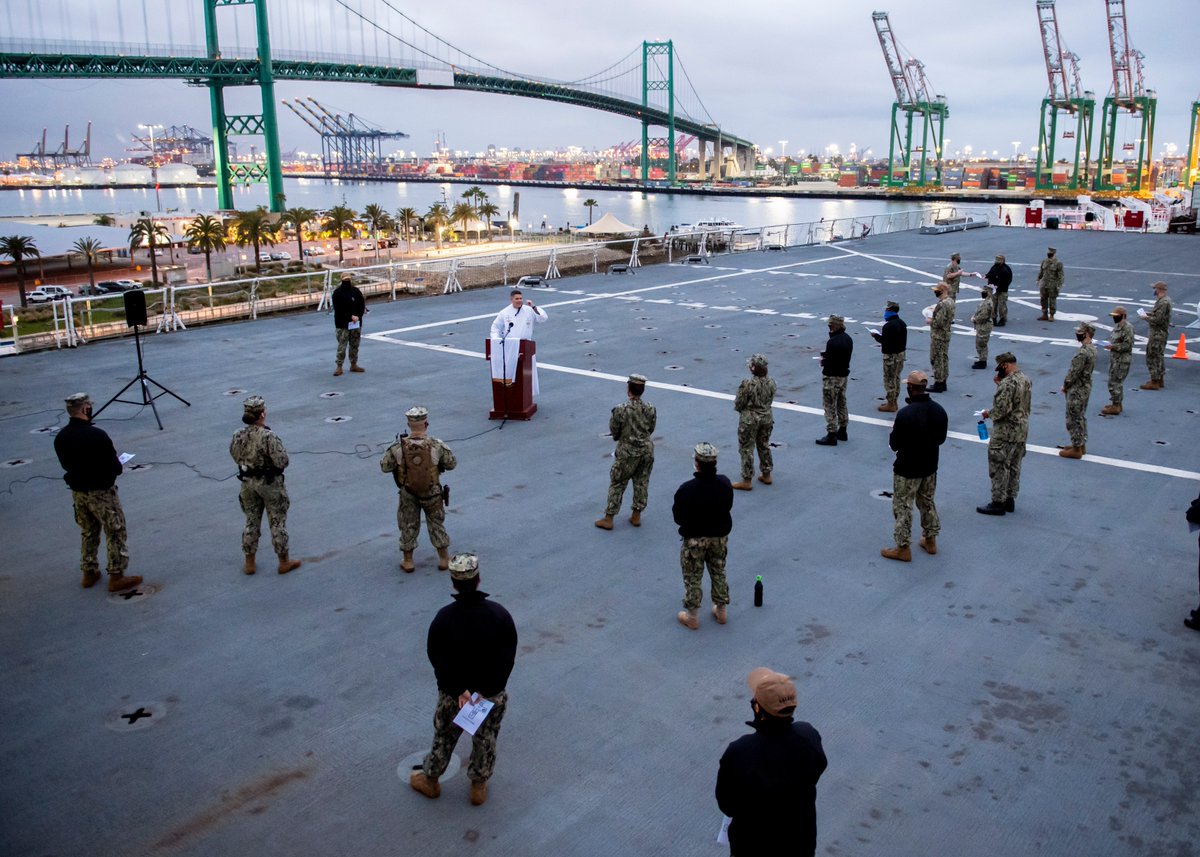 Images dated: 04/12/2020  http://WWW.GEORGE.NEWS USNS Mercy Sailors Observe Easter Sunrise Service on the flight deck.