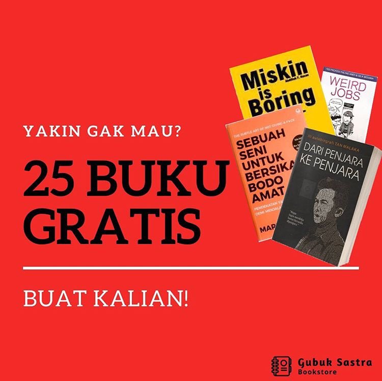 GIVE AWAY! GIVE AWAY! Ada 25 buku gratis hadiah kedatangan kami di twitter. Hadiah untuk 25 orang pemenang! Caranya gampang cukup follow akun kami dan retweet tweet ini! Pemenang akan dipilih dari follower kami!

Pengumuman tgl 25 bulan ini.