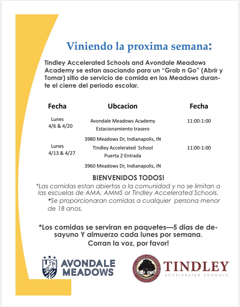 Tindley Schools (@tindleyschools) on Twitter photo Reminder- Food Distribution Today
11am-1pm (Or Until Food Is Gone)
For Students 18 and Younger
Charles A. Tindley Accelerated School
3960 Meadows Drive - Door #2
<a href="/AMAsocial7/">Avondale Meadows Ac</a> <a href="/TindleySummit/">Tindley Summit Academy</a> <a href="/TindleyCATAS/">Charles A. Tindley Accelerated School</a> @TindleyGenesis Reminder- Food Distribution Today
11am-1pm (Or Until Food Is Gone)
For Students 18 and Younger
Charles A. Tindley Accelerated School
3960 Meadows Drive - Door #2
<a href="/AMAsocial7/">Avondale Meadows Ac</a> <a href="/TindleySummit/">Tindley Summit Academy</a> <a href="/TindleyCATAS/">Charles A. Tindley Accelerated School</a> @TindleyGenesis