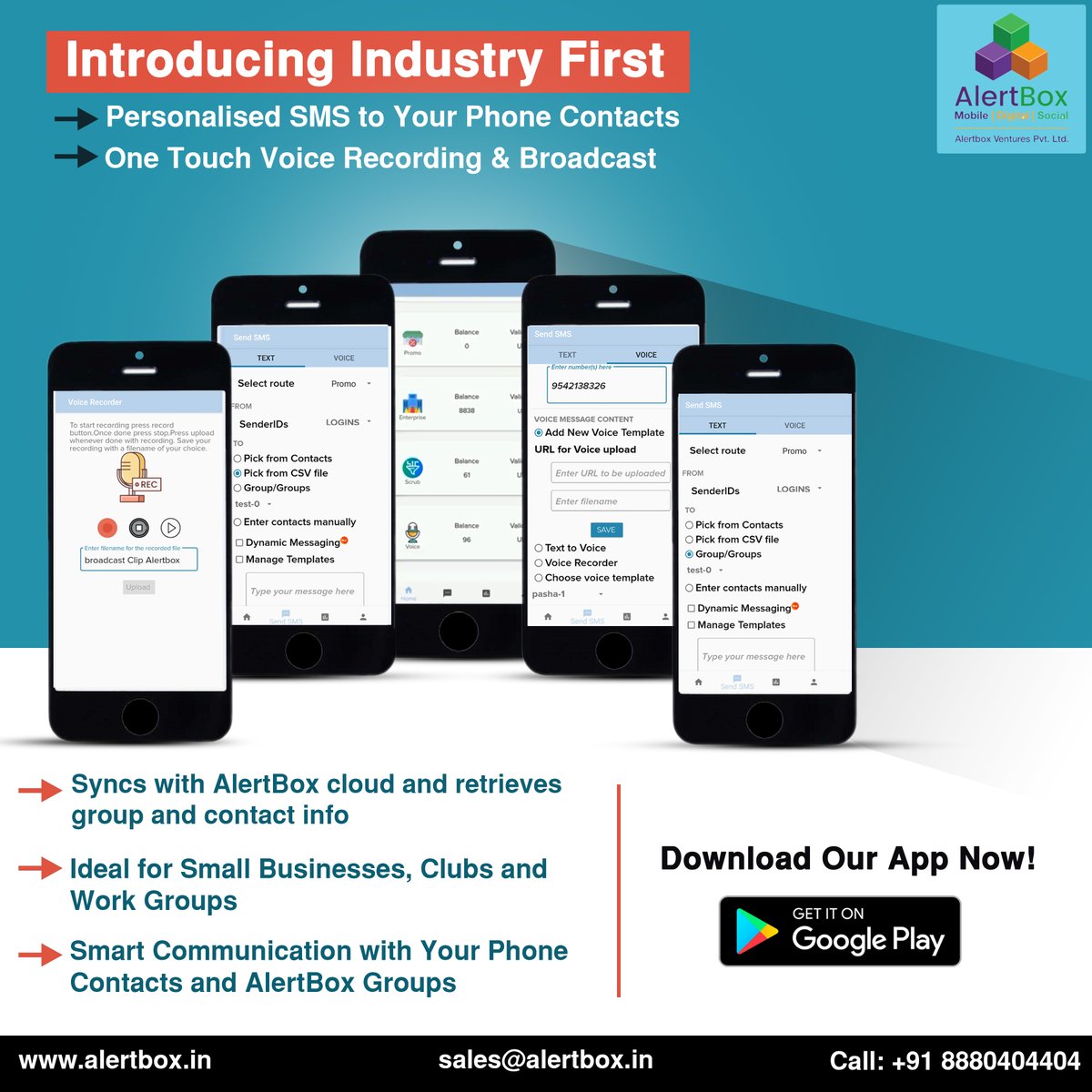 AlertboxIndia's tweet photo. Introducing Industry First
๐#PersonalizedSMS to Your Phone Contacts
๐One-Touch Voice Recording & Broadcast
๐Syncs with #AlertBoxcloud & retrieves
group and contact info
๐ Ideal for #SmallBusinesses, Clubs &
Work Groups
๐#SmartCommunication with Your Phone
Contacts https://t.co/0k0lAnDOAV