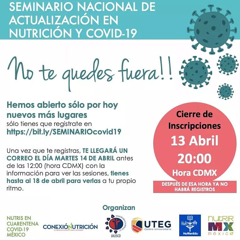 No queremos que te quedes fuera!Hemos abierto nuevos lugares! 
El seminario #nutricion y #COVID19 es GRATUITO
Si el fin de semana pudiste hacer tu registro, no vuelvas a registrarte, ya que dejas a otra persona sin inscribirse.

👩‍💻bit.ly/SEMINARIOcovid…

#NutrisEnCuarentenaMX